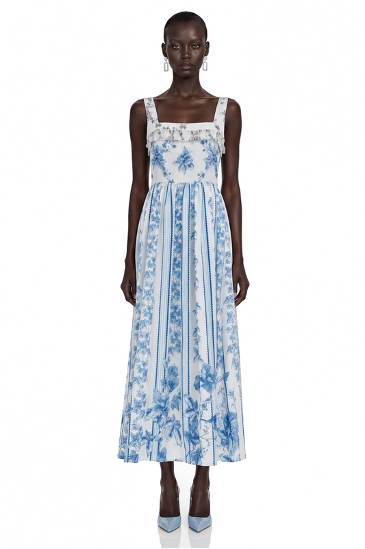 Adeliza Blue Floral Print Square Neck Midi Dress