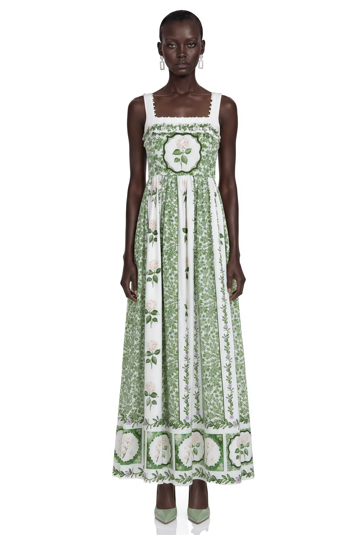 Adeliza Green Floral Print Square Neck Midi Dress