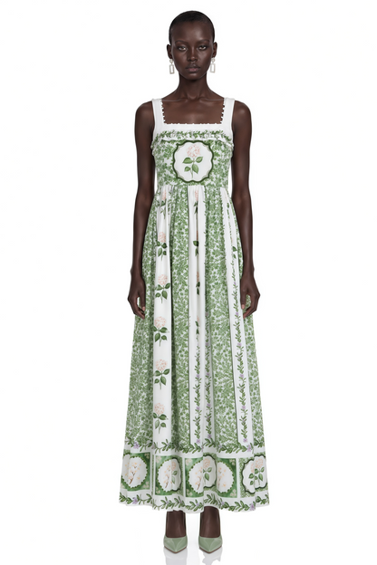 Adeliza Green Floral Print Square Neck Midi Dress