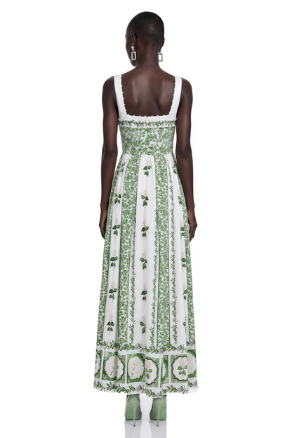Adeliza Green Floral Print Square Neck Midi Dress