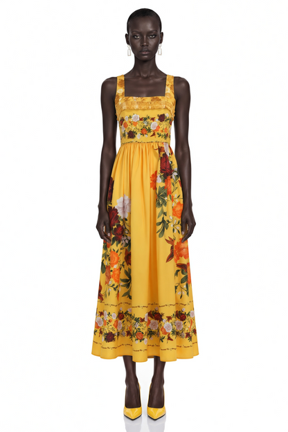 Adeliza Sarı Çiçek Desenli Kare Yaka Midi Elbise