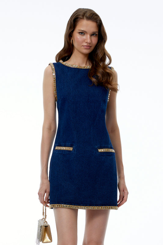 Adi Blue Rhinestone Sleeveless Mini Dress