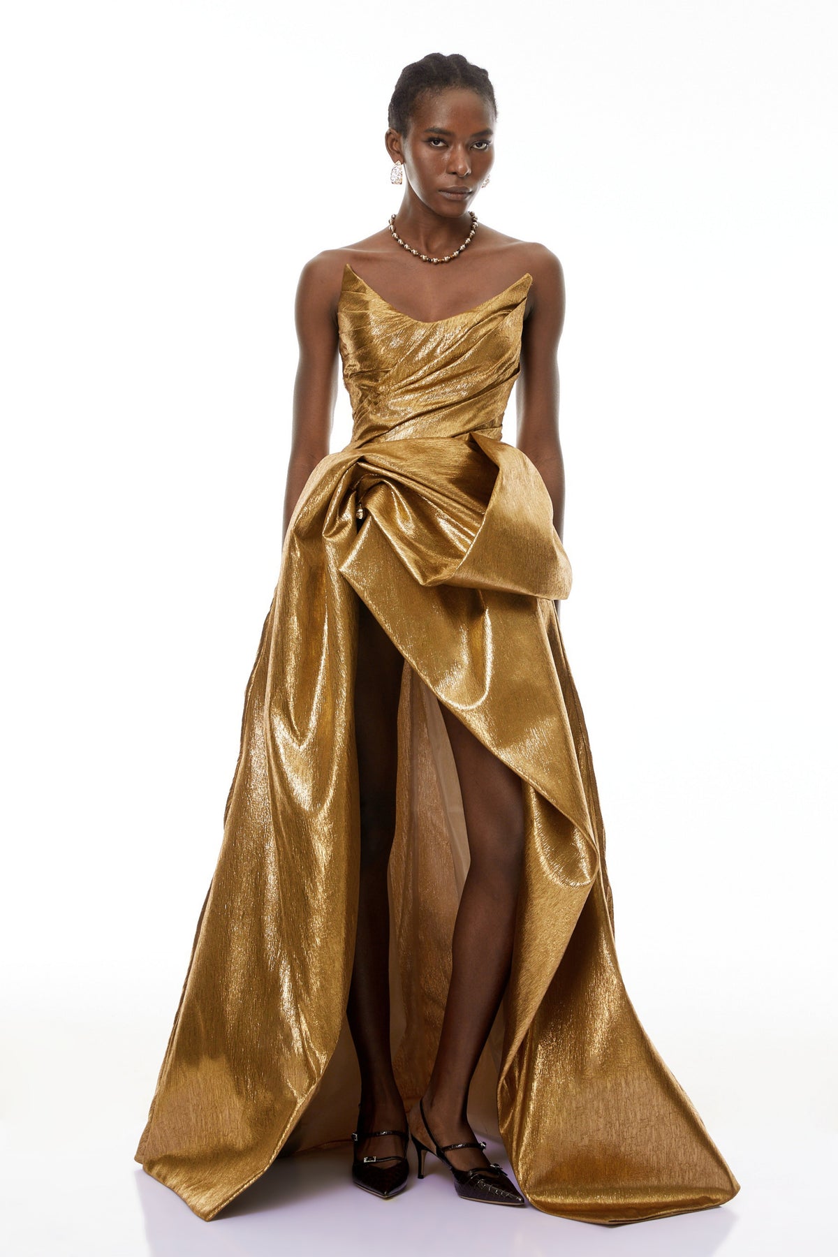 Adina Gold Parlak Asimetrik Dantelli Elbise