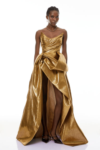 Adina Gold Parlak Asimetrik Dantelli Elbise