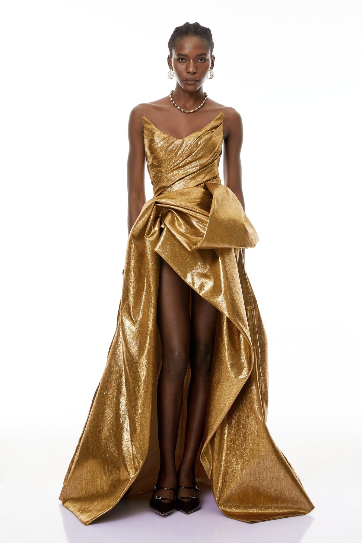 Adina Gold Parlak Asimetrik Dantelli Elbise