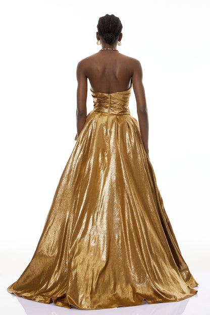 Adina Gold Parlak Asimetrik Dantelli Elbise