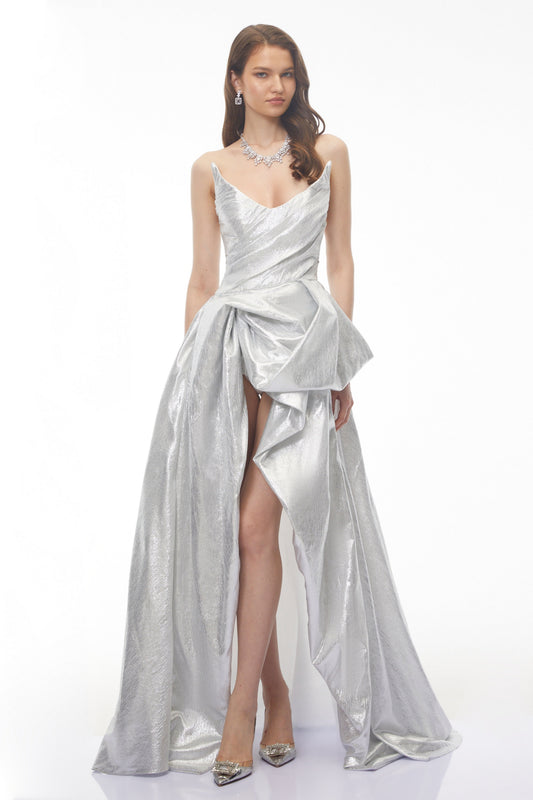 Adina Silver Glossy Asymmetrical Ruched Gown