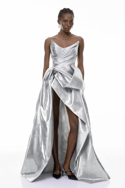 Adina Silver Glossy Asymmetrical Ruched Gown