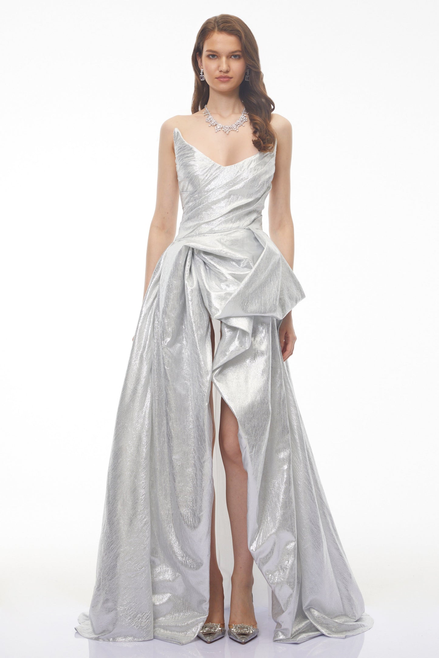 Adina Silver Glossy Asymmetrical Ruched Gown