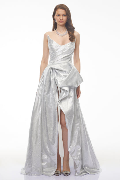 Adina Silver Glossy Asymmetrical Ruched Gown