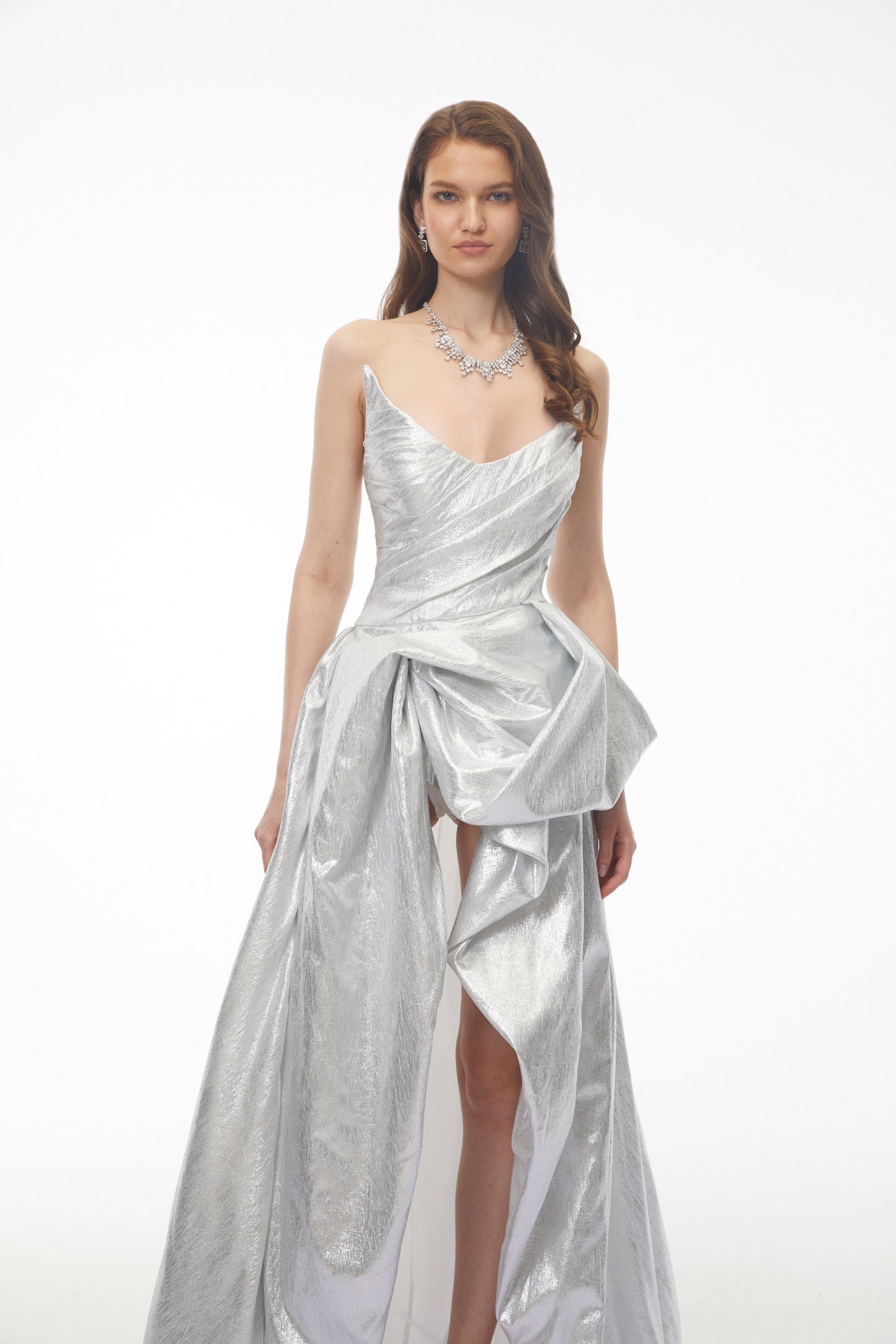 Adina Silver Glossy Asymmetrical Ruched Gown