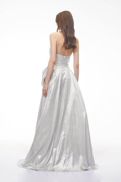 Adina Silver Glossy Asymmetrical Ruched Gown