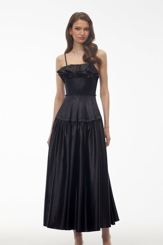 Adriana Black Pleated Maxi Dress with Ruffled Trim