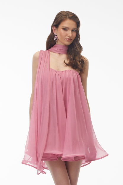 Agathe Rose Pink Off Shoulder Ruched Mini Dress with Ribbon