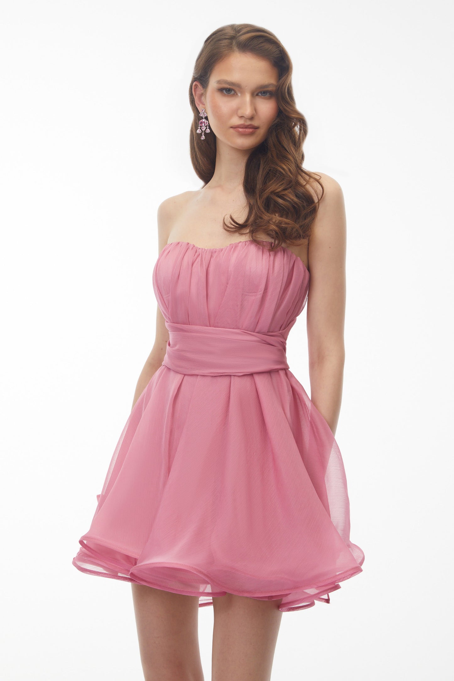 Agathe Rose Pink Off Shoulder Ruched Mini Dress with Ribbon