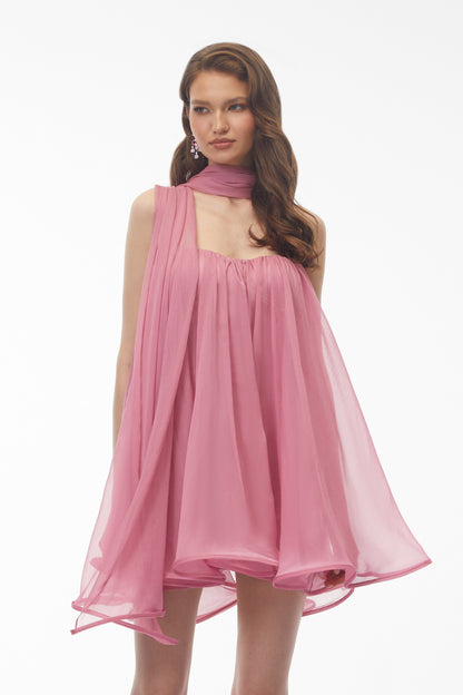 Agathe Rose Pink Off Shoulder Ruched Mini Dress with Ribbon