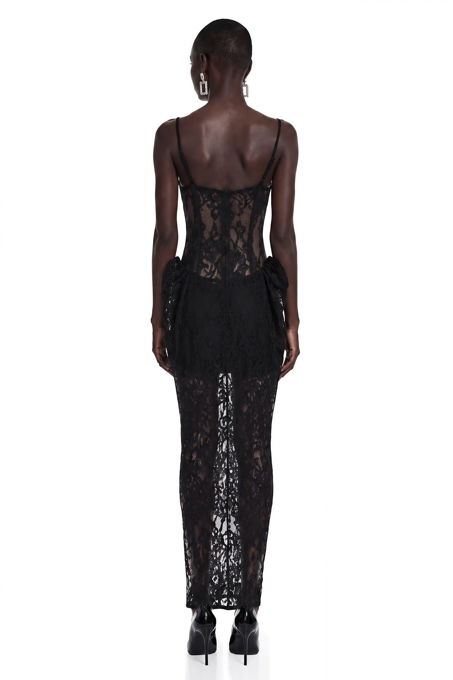 Agneta Black Sweetheart Lace Ruffled Maxi Dress