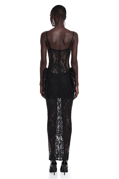 Agneta Black Sweetheart Lace Ruffled Maxi Dress