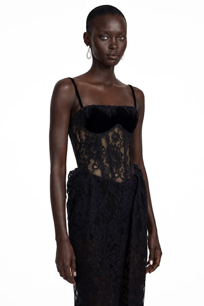 Agneta Black Sweetheart Lace Ruffled Maxi Dress