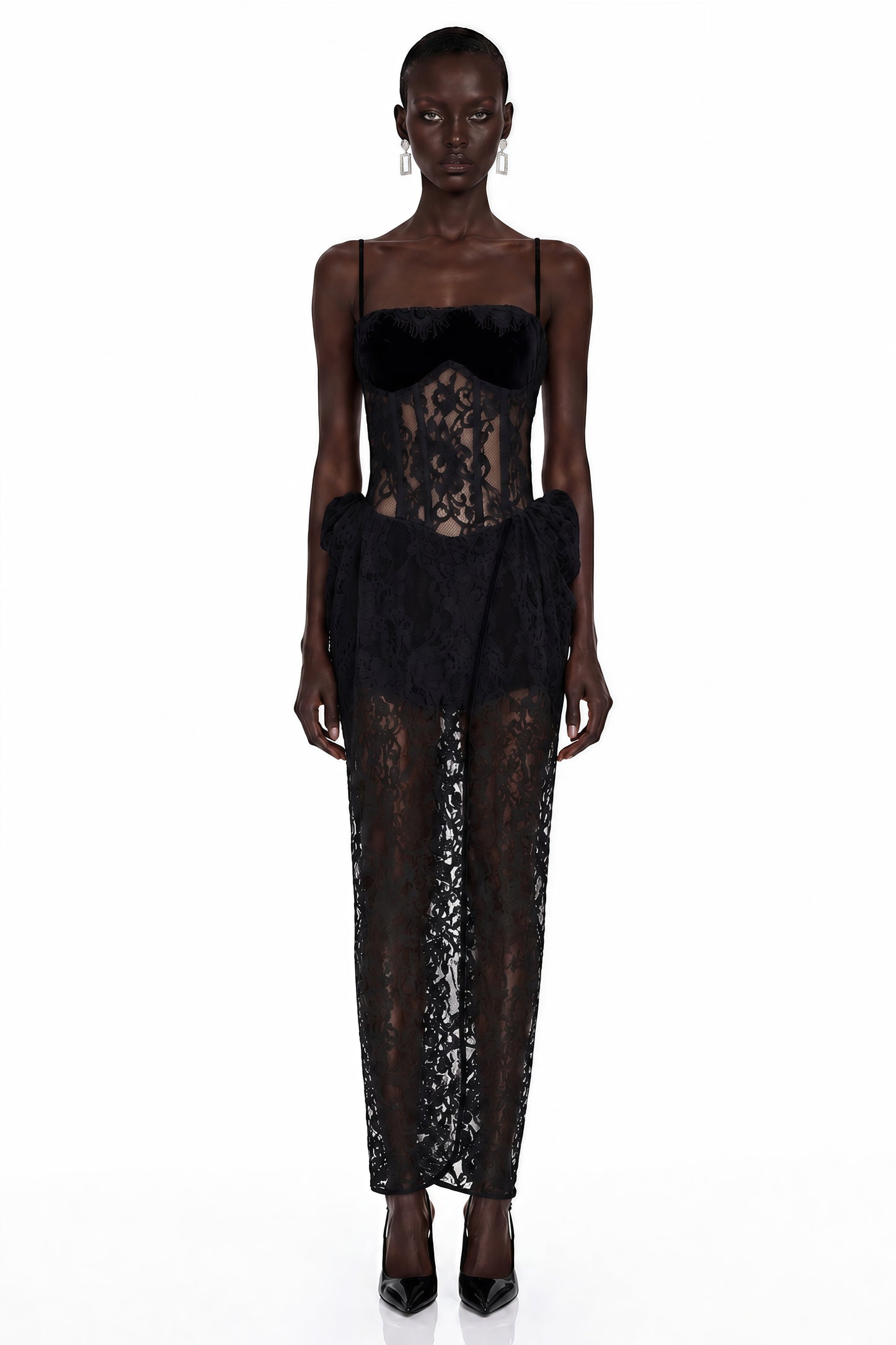 Agneta Black Sweetheart Lace Ruffled Maxi Dress