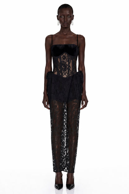 Agneta Black Sweetheart Lace Ruffled Maxi Dress