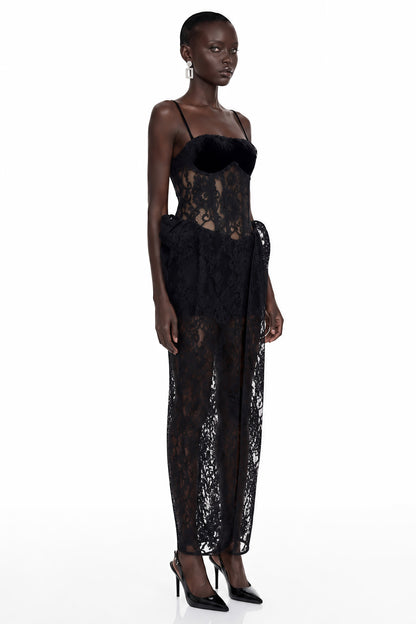 Agneta Black Sweetheart Lace Ruffled Maxi Dress