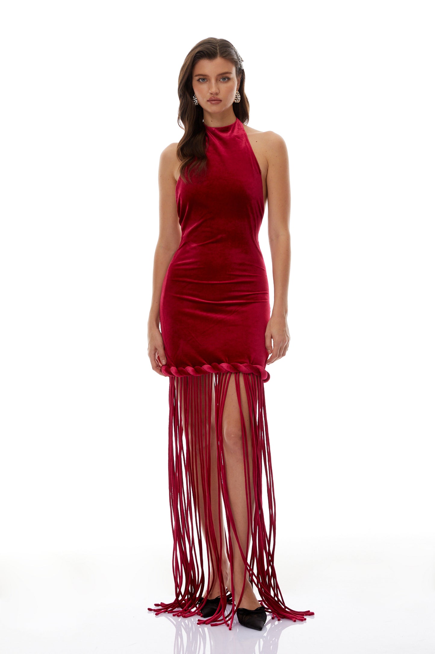 Aïda Red Halterneck Velvet Maxi Dress