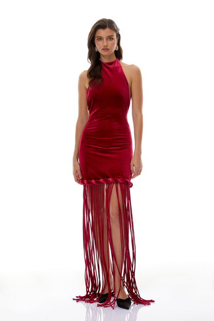 Aïda Red Halterneck Velvet Maxi Dress