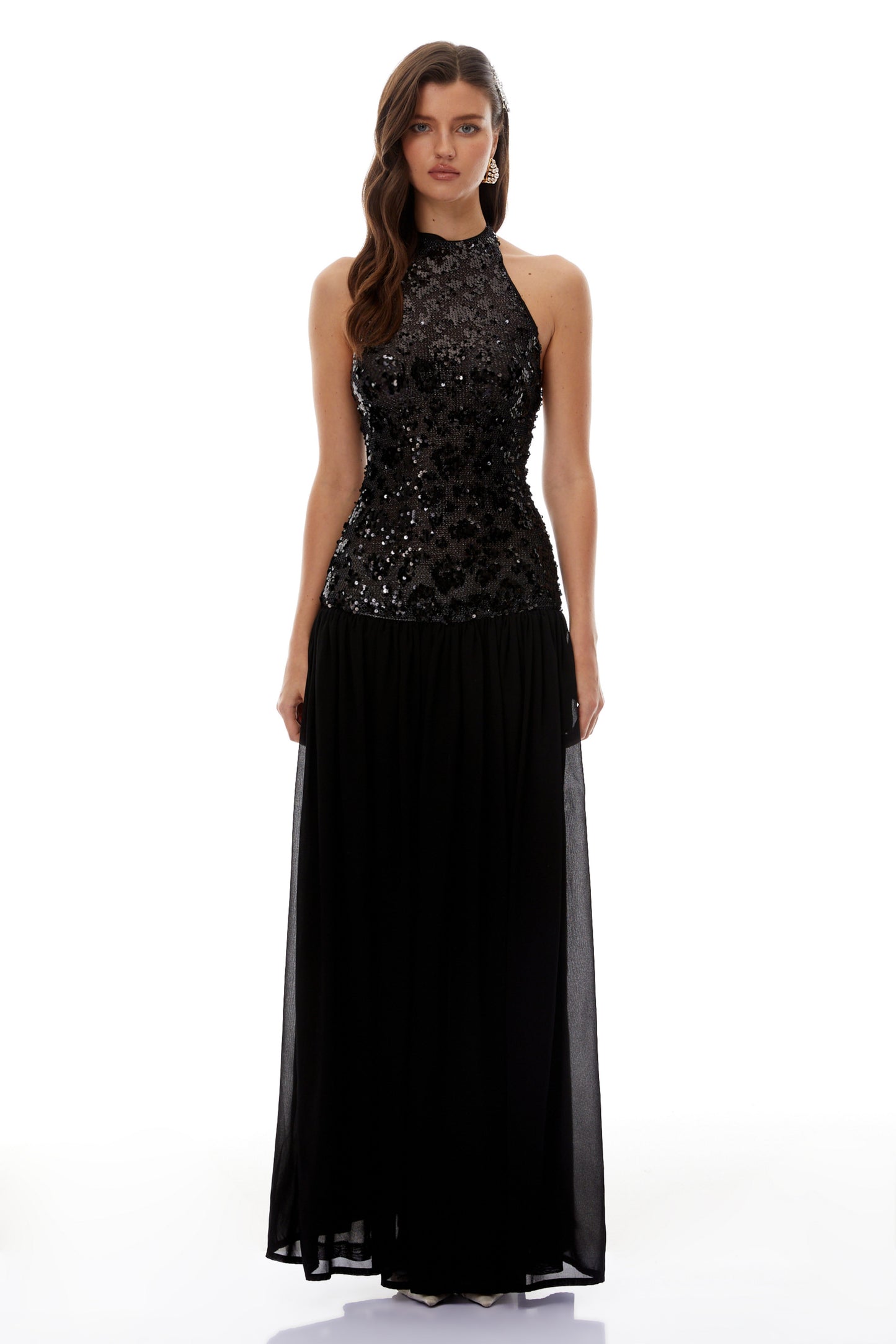 Ainoa Siyah Payet Dantelli Maxi Elbise