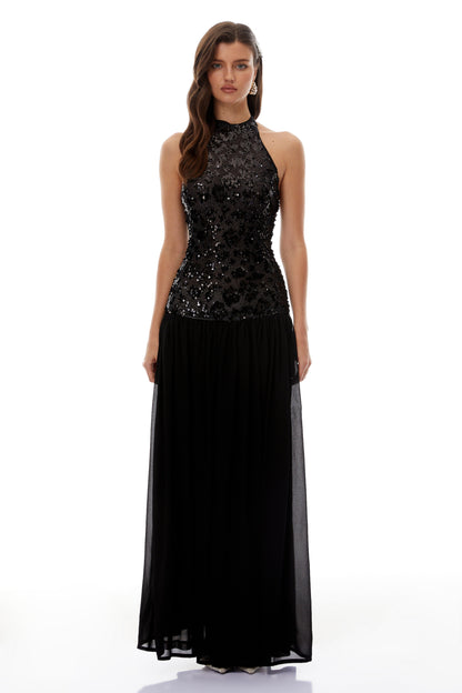 Ainoa Siyah Payet Dantelli Maxi Elbise