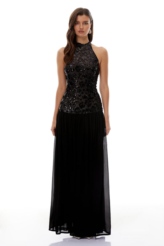 Ainoa Siyah Payet Dantelli Maxi Elbise