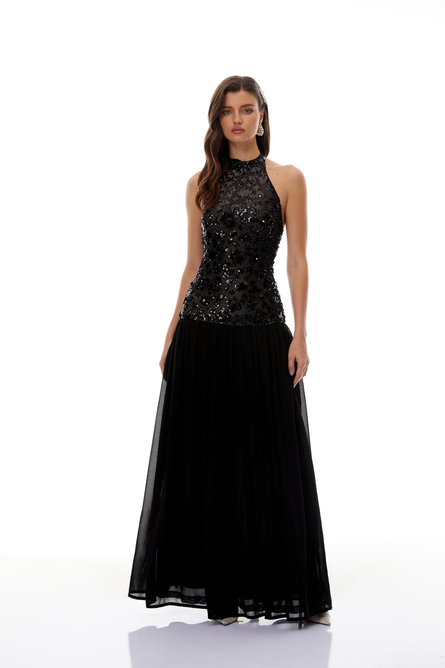 Ainoa Siyah Payet Dantelli Maxi Elbise