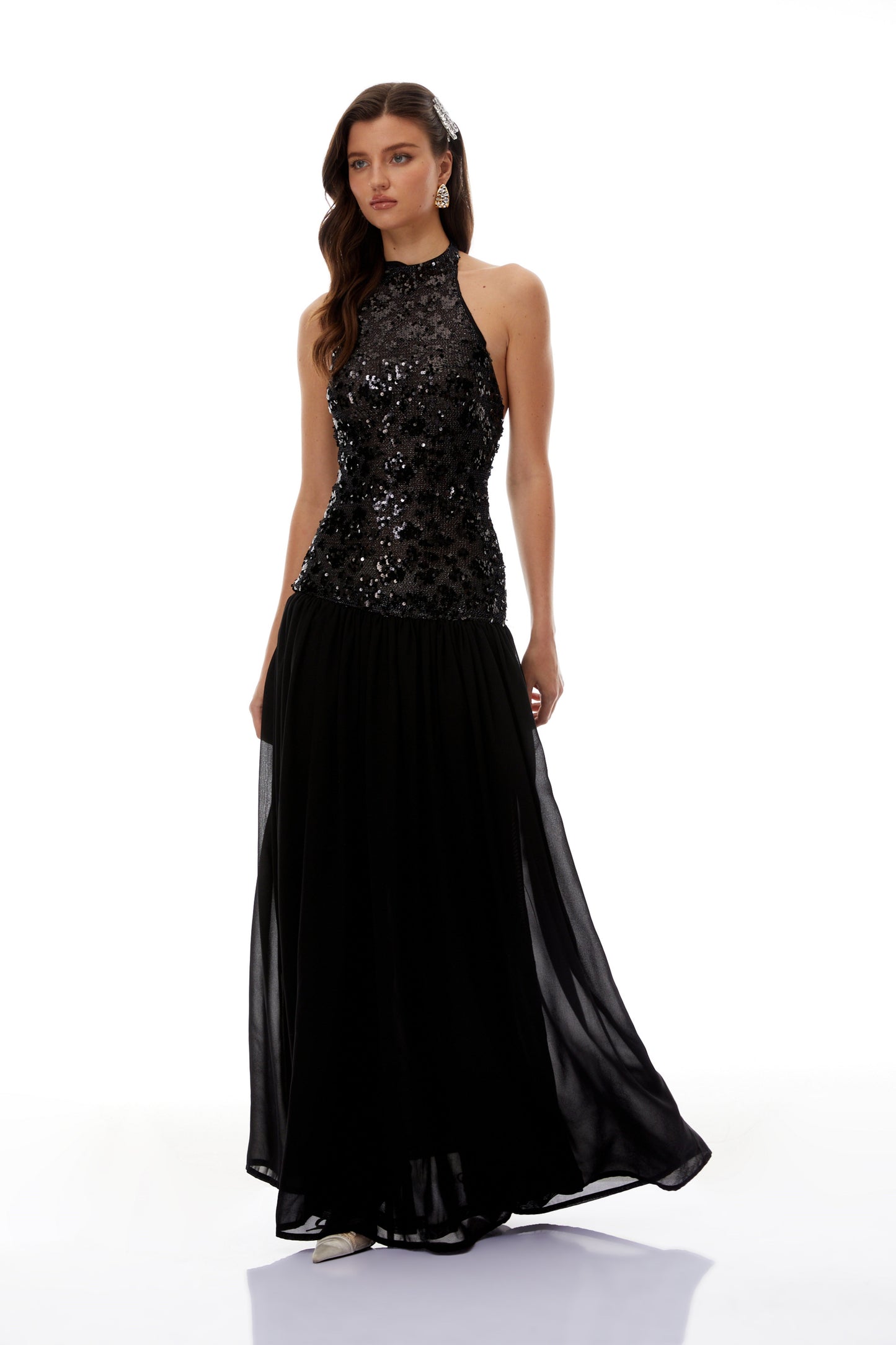 Ainoa Siyah Payet Dantelli Maxi Elbise