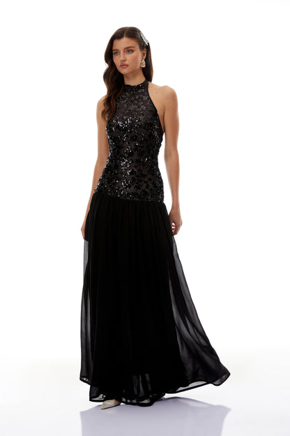 Ainoa Siyah Payet Dantelli Maxi Elbise