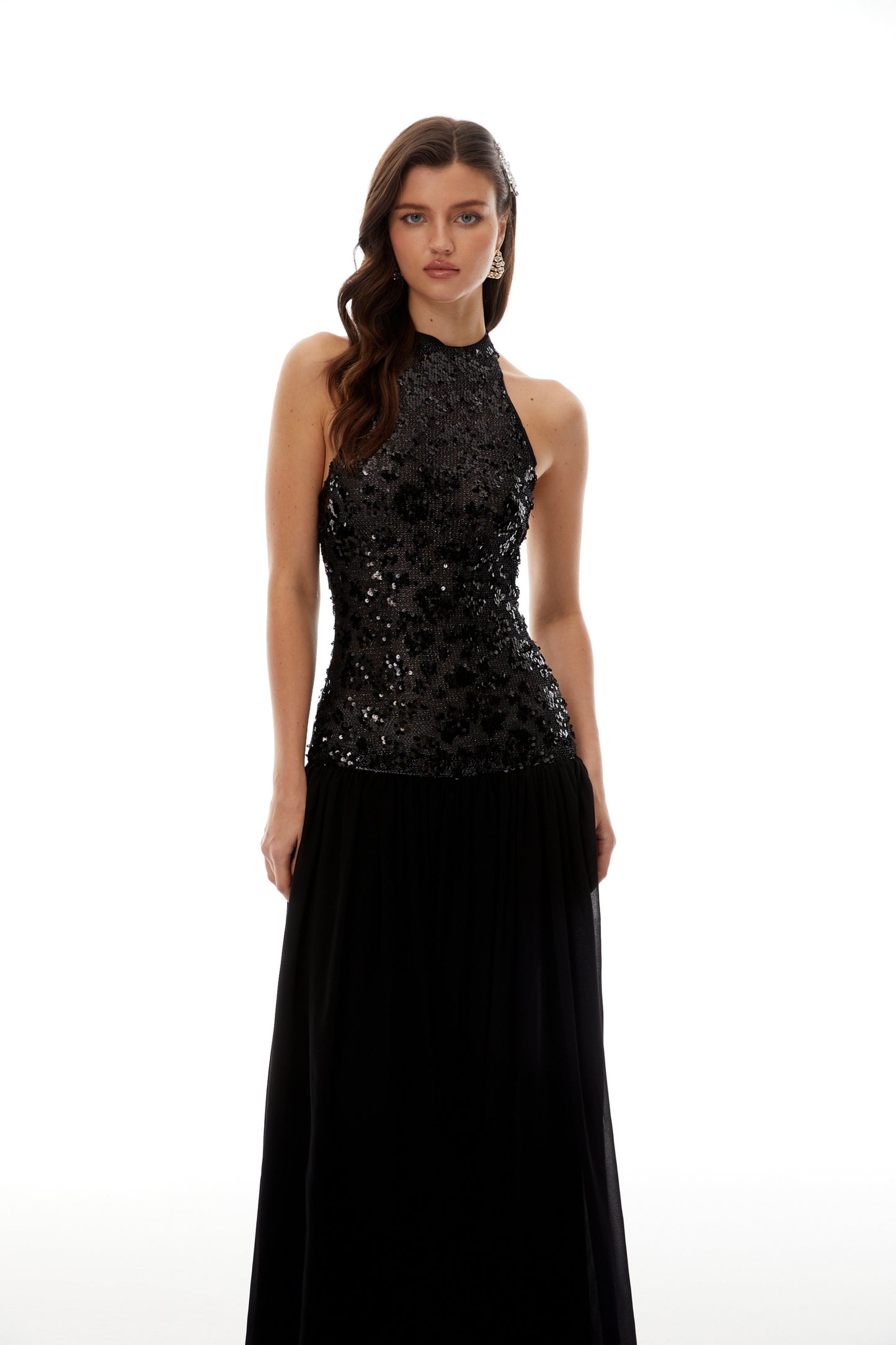 Ainoa Siyah Payet Dantelli Maxi Elbise