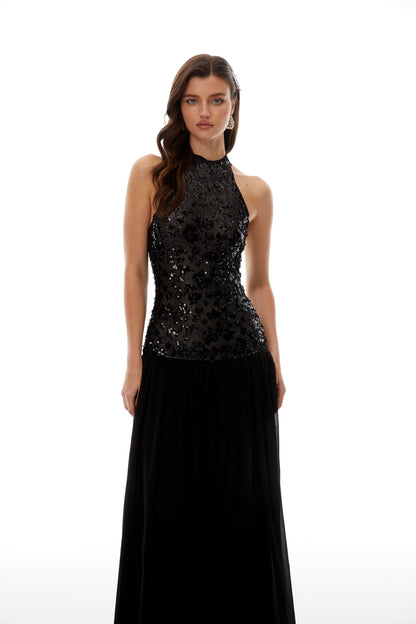 Ainoa Siyah Payet Dantelli Maxi Elbise