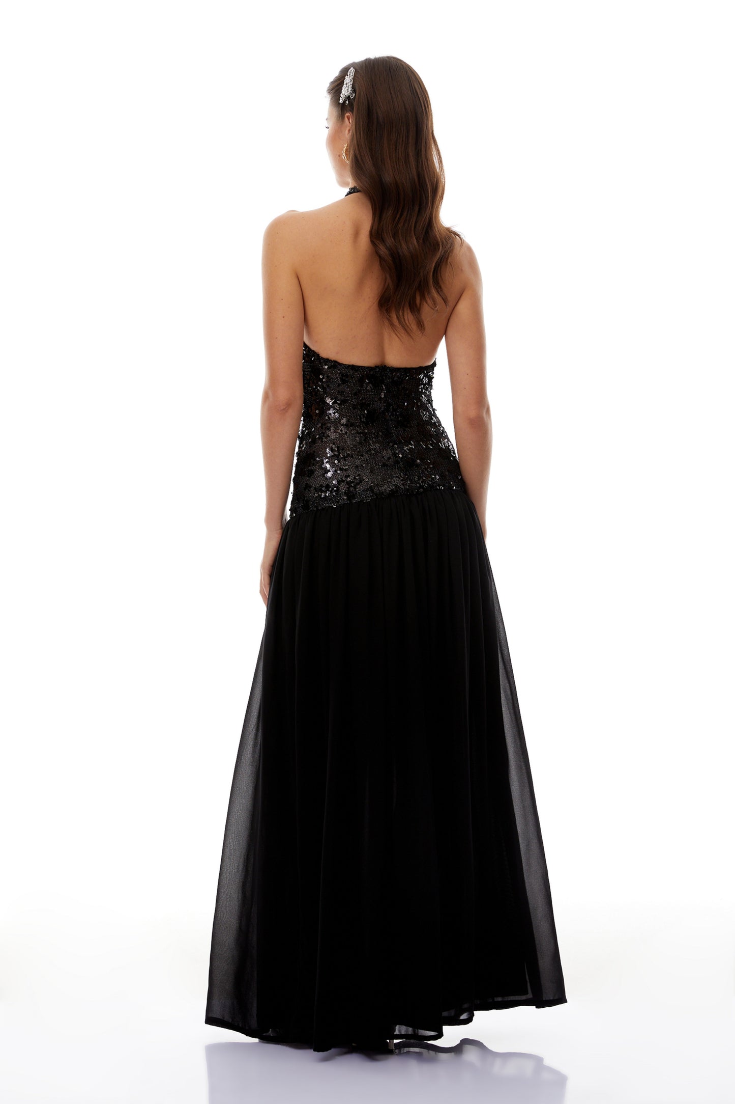 Ainoa Siyah Payet Dantelli Maxi Elbise