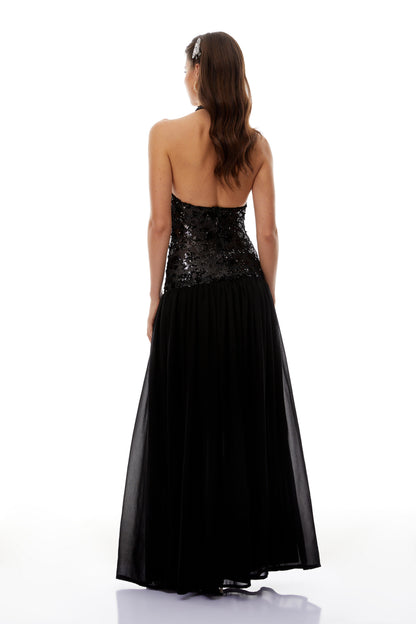 Ainoa Siyah Payet Dantelli Maxi Elbise