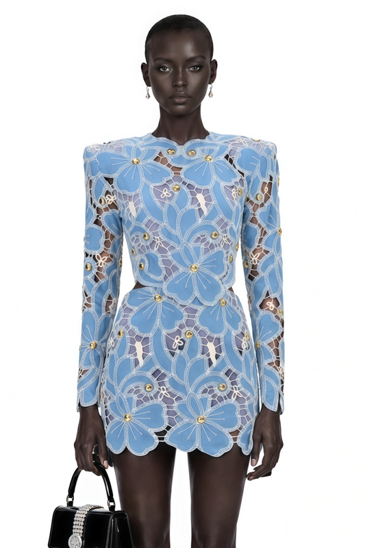 Ainsley Blue Floral Lace Long Sleeves Mini Dress