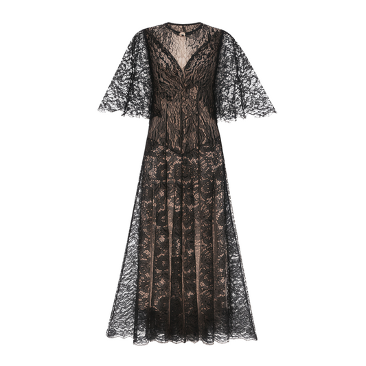 Alaia Black Cape Design Floral Lace Midi Dress