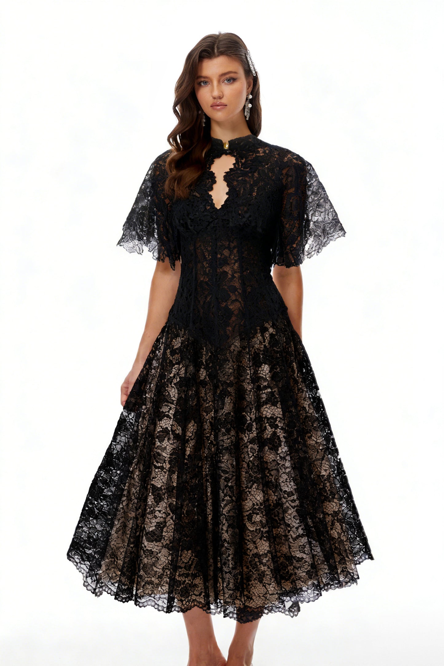 Alaia Black Cape Design Floral Lace Midi Dress