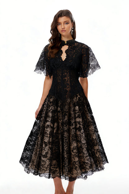 Alaia Black Cape Design Floral Lace Midi Dress