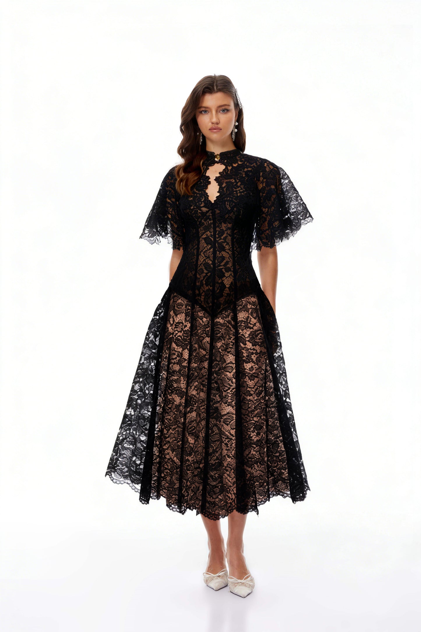 Alaia Black Cape Design Floral Lace Midi Dress