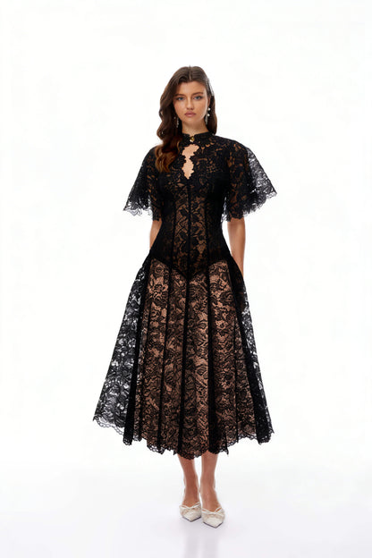 Alaia Black Cape Design Floral Lace Midi Dress