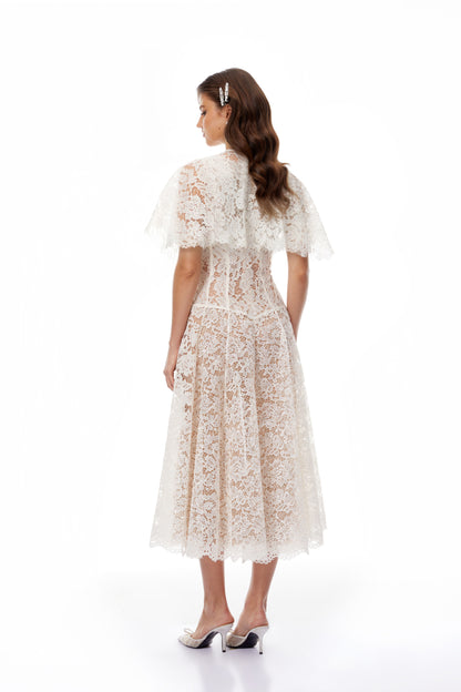 Alaia White Cape Design Floral Lace Midi Dress