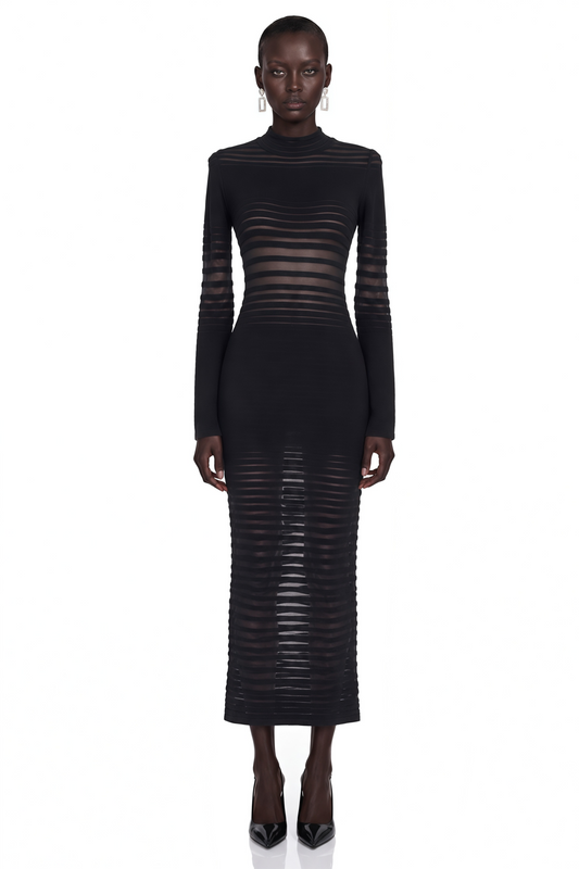 Alani Black Midi Dress with Semi-sheer Panels
