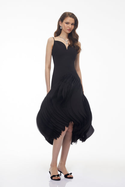 Alba Black Midi Dress with 3D Petals