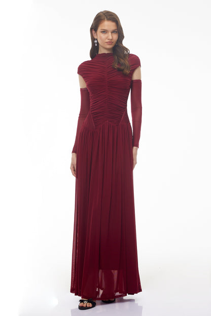 Alberte Red Mock Neck Ruched Maxi Dress