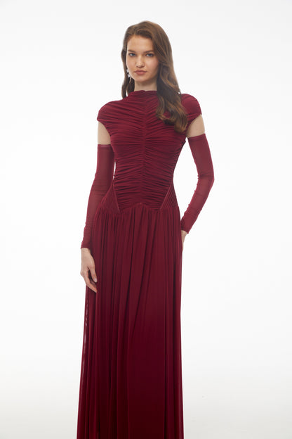 Alberte Red Mock Neck Ruched Maxi Dress