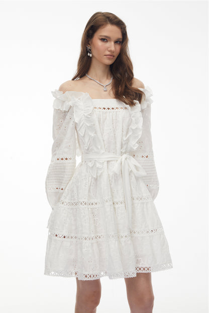 Alcestis White Ruffled Mini Dress with Self-Tie